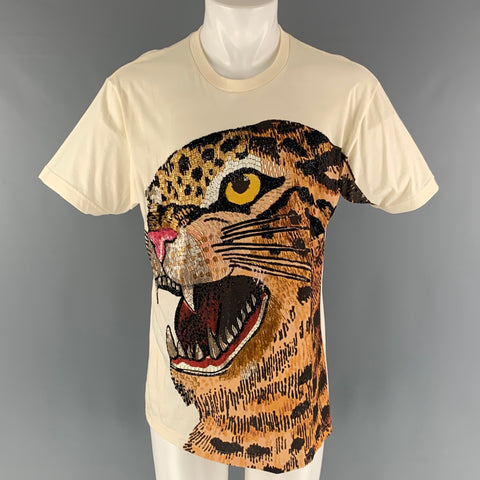 GUCCI Size XXS Beige Multi-Color Embroidery Cotton Crew-Neck T-shirt