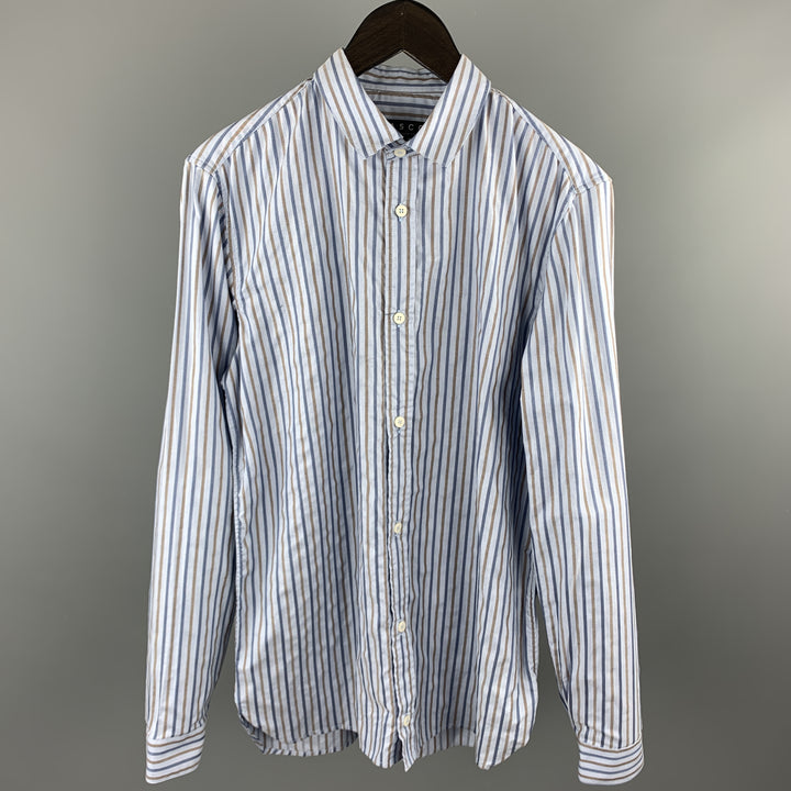 BASCO Size M Navy & Brown Stripe Cotton Button Up Long Sleeve Shirt