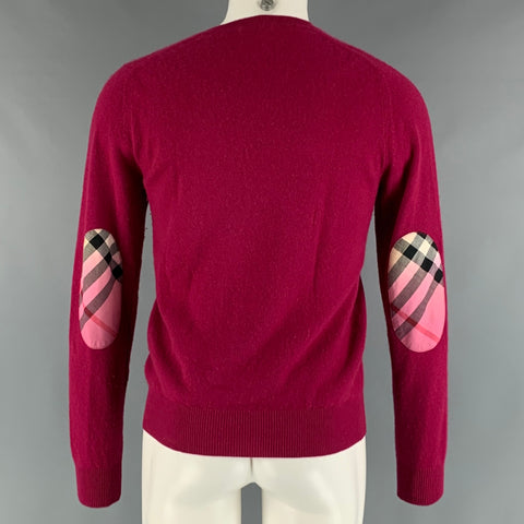 BURBERRY BRIT Taille S Rouge Framboise Tricoté Cachemire Coudières Pull
