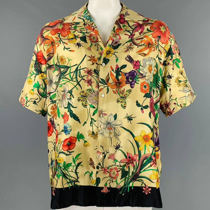 GUCCI Talla XXL Camisa de manga corta Campamento de seda con estampado multicolor beige