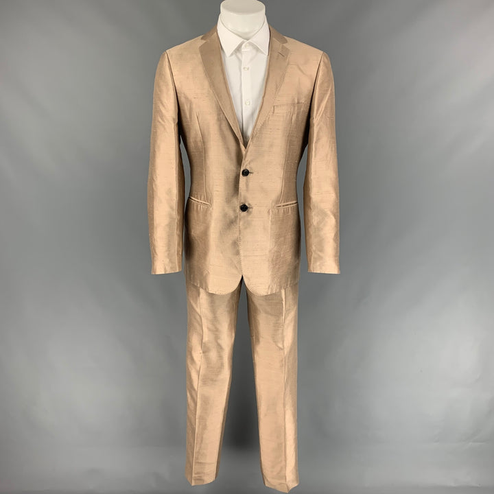 TONELLO Size 42 Gold Textured Silk Notch Lapel Suit