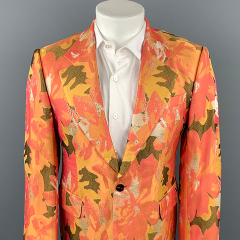 DRIES VAN NOTEN Size 38 Orange & Olive Metallic Jacquard Notch Lapel Sport Coat