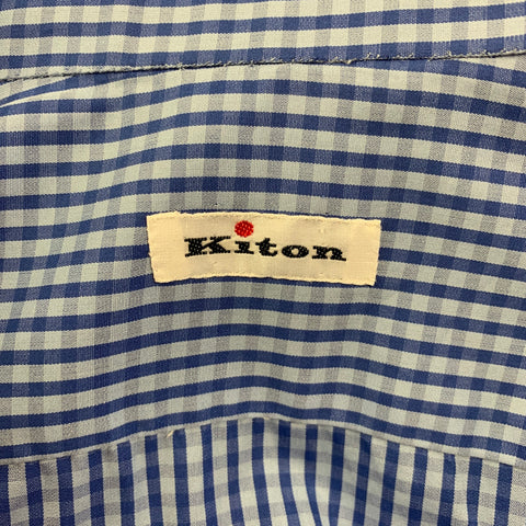 KITON for BARNEY'S NEW YORK Size 42 Light Blue Gingham Cotton Spread Collar Long Sleeve Shirt