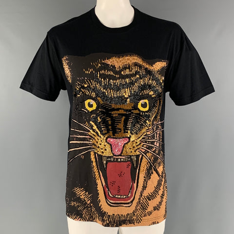 GUCCI Size S Black Gold Embroidery Cotton Crew-Neck T-shirt