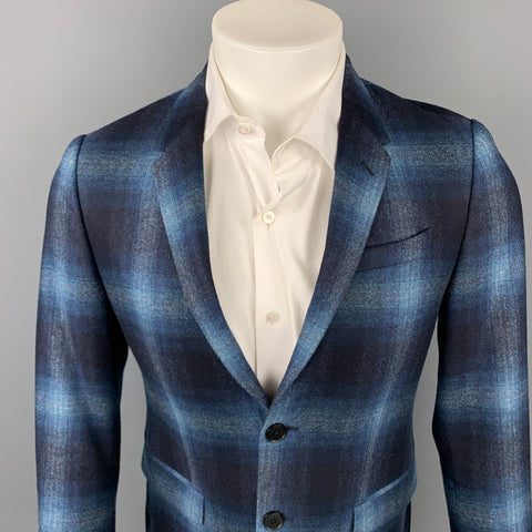 PAUL SMITH The Kensington Size 36 Navy & Blue Plaid Wool Notch Lapel Sport Coat