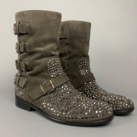 GIUSEPPE ZANOTTI Taille 10 Bottes de motard multi-sangles en daim cristal gris