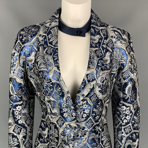 GIORGIO ARMANI Size 2 Blue & Grey Jacquard Acetate Blend Shawl Collar Jacket