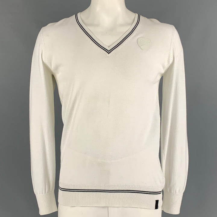 G-STAR Size XL White Solid Cotton V-Neck Pullover