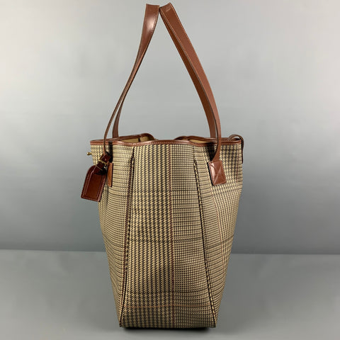 Vintage RALPH LAUREN Beige Brown Plaid Leather Trim Canvas Tote Bag