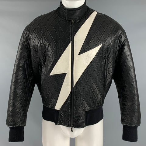NEIL BARRETT Taille S Veste zippée en cuir matelassé blanc noir