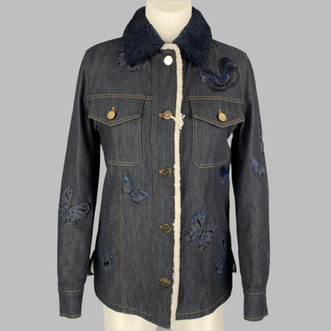VALENTINO Size 6 Navy Embroidered Butterfly Cotton Sherling Collar Jacket