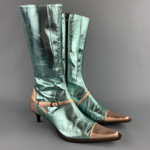 PAOLO IANTORNO Talla 6.5 Botas de charol color aguamarina y oro rosa