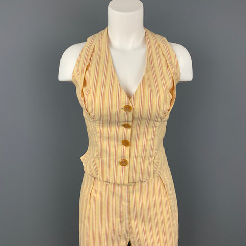 VIVIENNE WESTWOOD Printemps 1995 Jaune Rouge Lin / Coton Taille Gilet Pantalon Costume Ensemble