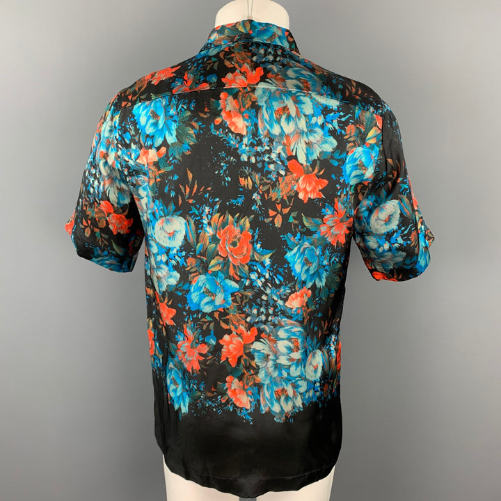 DRIES VAN NOTEN S/S 20 Size XS Black & Blue Floral Viscose Button Up Short Sleeve Shirt