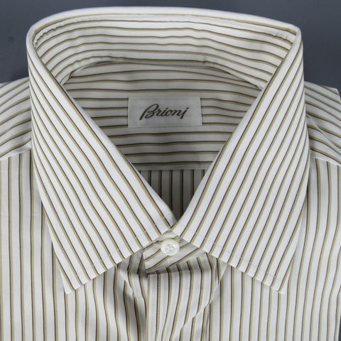 New BRIONI Size M White & Brown Striped Cotton Long Sleeve Shirt