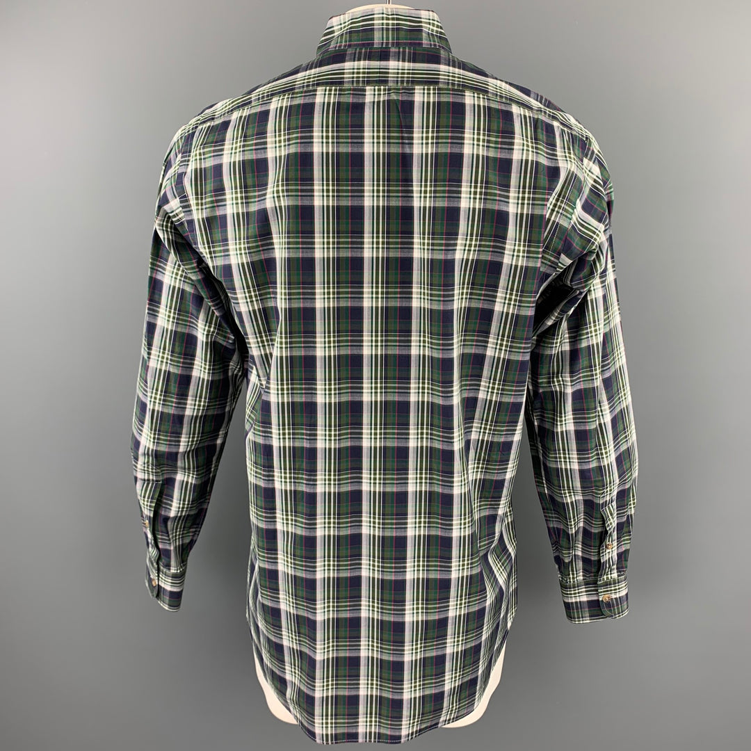 HAMILTON Talla L Camisa de manga larga con botones de algodón a cuadros verde y azul marino