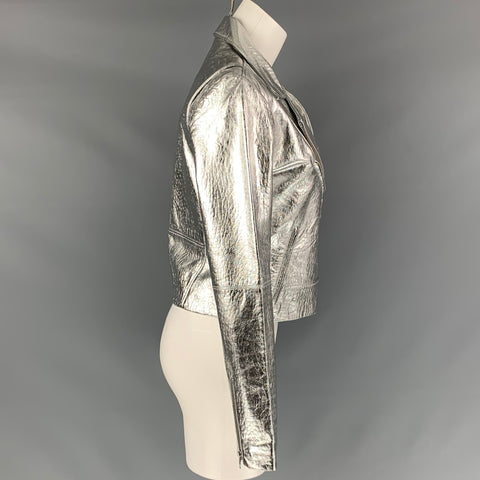 VEDA Chaqueta biker metalizada de cuero plateado talla M