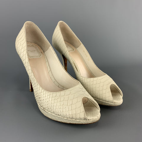 CHRISTIAN DIOR Talla 9 Zapatos de tacón con plataforma peep toe y piel de serpiente color crema