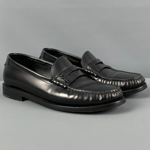 SAINT LAURENT Talla 7 Mocasines Penny con monograma de cuero negro