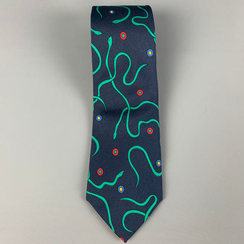 TURNBULL & ASSER Navy Green Snake Print Silk Tie