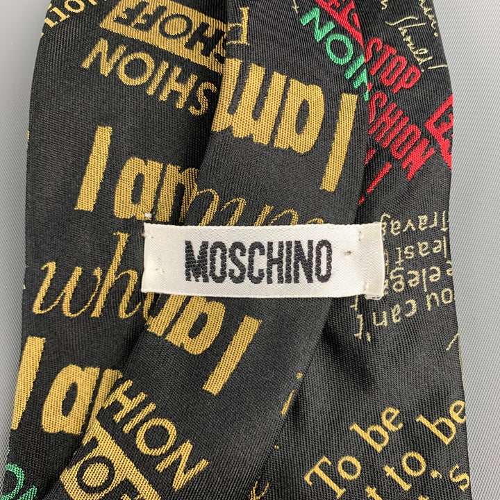 Vintage MOSCHINO - FASHION FASHOFF - Black Writing Print Silk Tie
