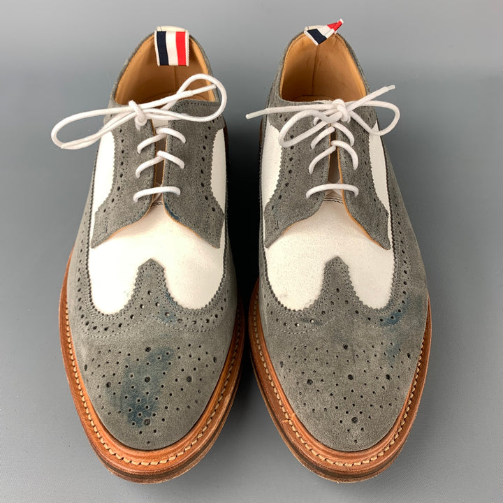 THOM BROWNE Talla 9.5 Zapatos con cordones y punta de ala de gamuza en dos tonos en gris y blanco