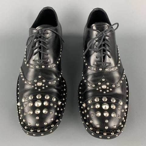 PRADA F/W 09 Size10.5 Black Studded Leather Cap Toe Lace Up Shoes