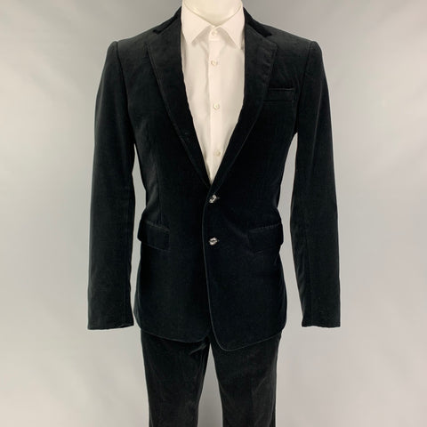 RALPH LAUREN Black Label Size 38 Regular Black Cotton Velvet Notch Lapel Suit