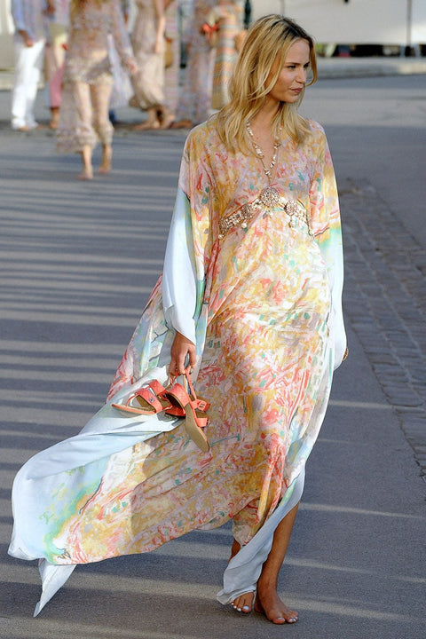 CHANEL Cruise 2011 Vestido largo caftán abstracto de seda de algodón multicolor de talla única
