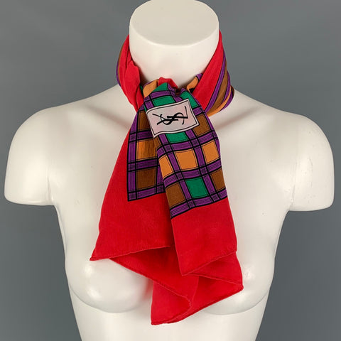Vintage YVES SAINT LAURENT Bufanda de seda con estampado multicolor rojo