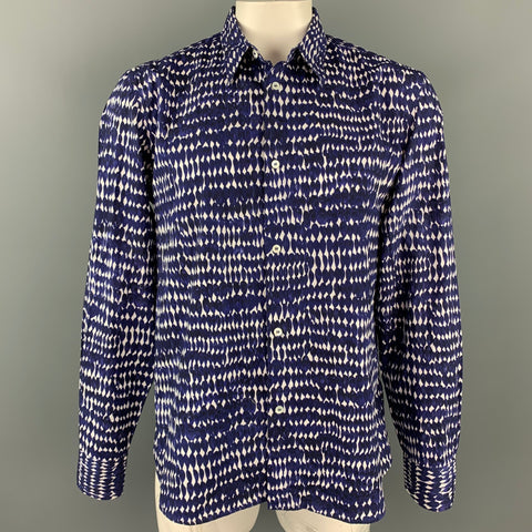 MARNI Size XL Navy & White Print Cotton Button Up Long Sleeve Shirt