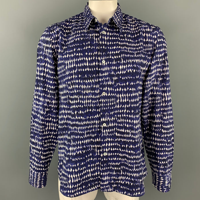 MARNI Size XL Navy & White Print Cotton Button Up Long Sleeve Shirt