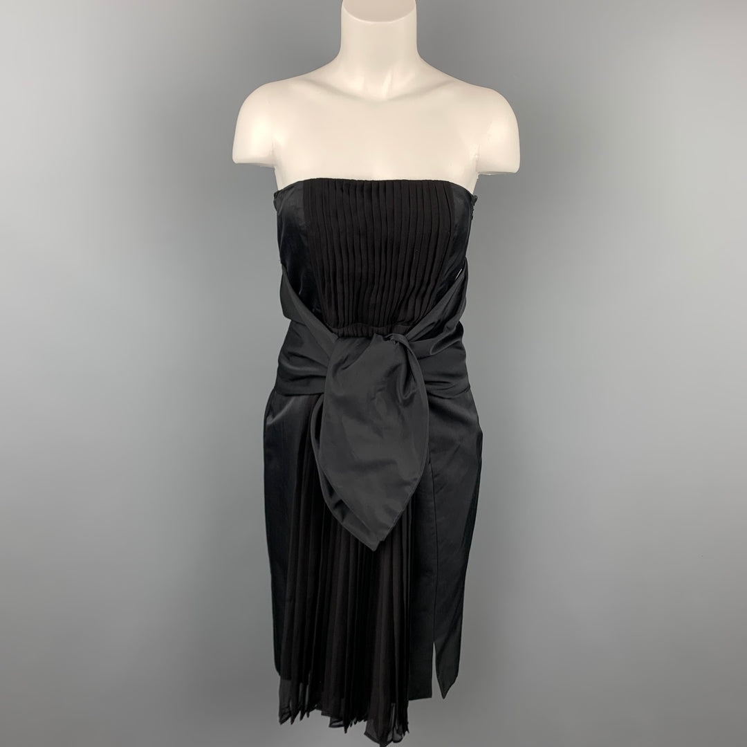 GIAMBATTISTA VALLI Size 6 Black Pleated Cotton / Silk Wide Waist Tie Cocktail Dress