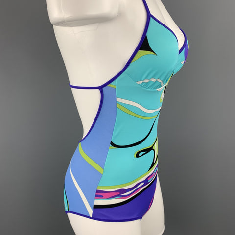 EMILIO PUCCI Size 4 Turquoise & Purple Print One Piece Halter Swimsuit