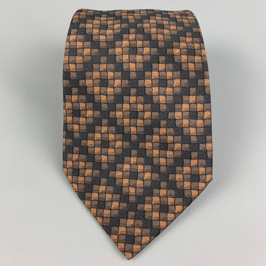 HERMES 398 EA Corbata de seda a cuadros marrón y negra