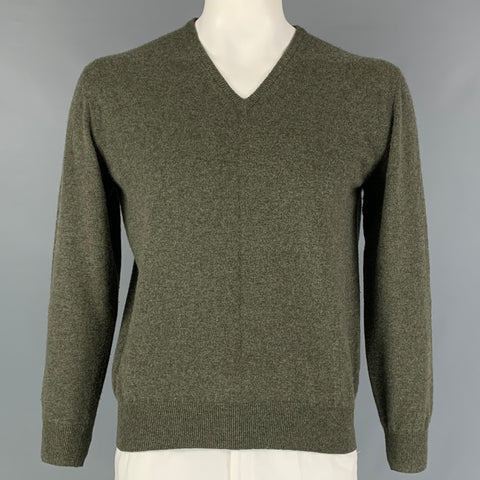 LORO PIANA Size L Olive Knitted Cashmere V-Neck Sweater