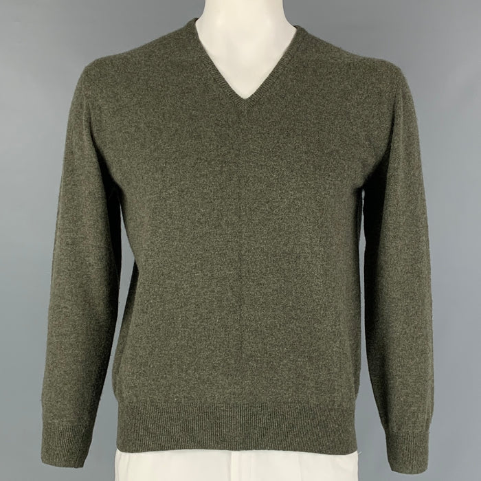 LORO PIANA Size L Olive Knitted Cashmere V-Neck Sweater