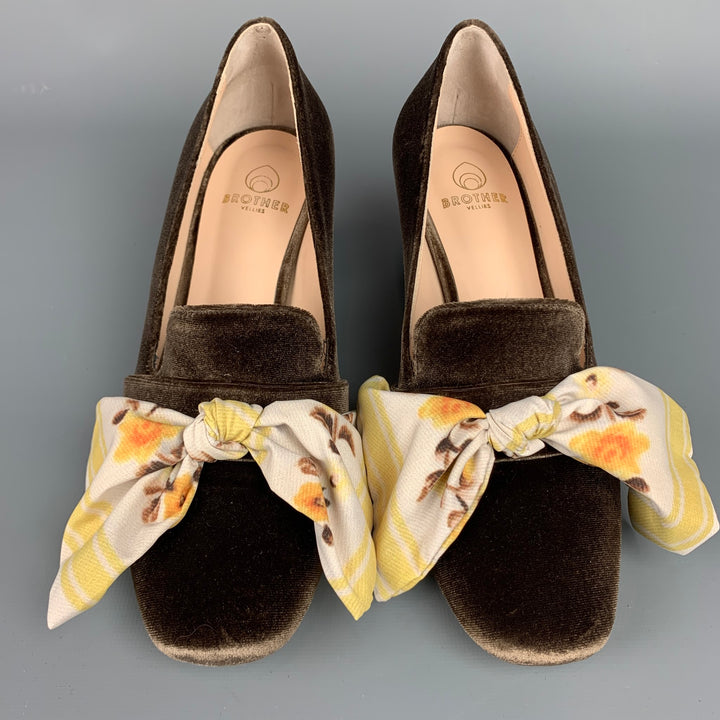 BROTHER VELLIES Size 8 Brown & Yellow Velvet Bow Pumps