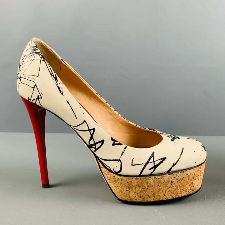 GIUSEPPE ZANOTTI Size 6 Cream Black Leather Marbled Platform Pumps