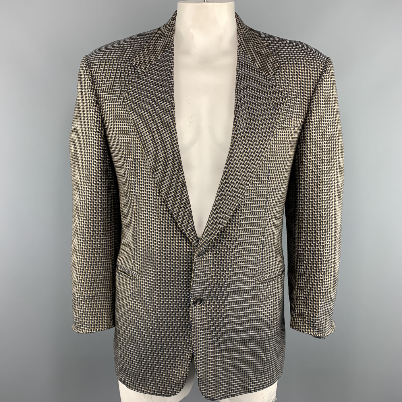 BELVEST 40 Brown & Navy Houndstooth Wool Notch Lapel  Sport Coat