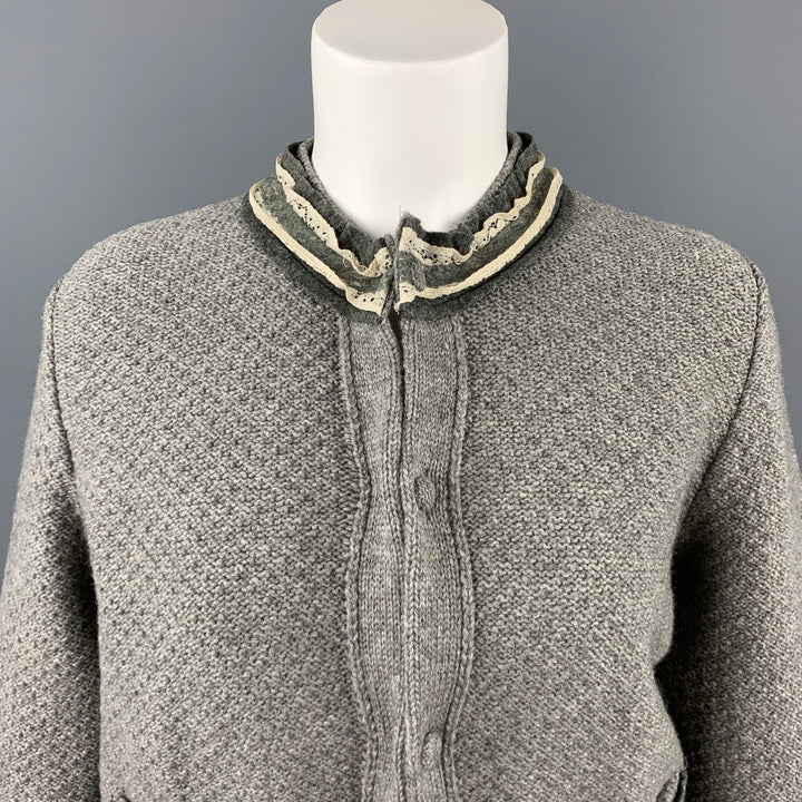 FENDI Size 6 Gray Wool Knitted Ruffle Trim Cardigan