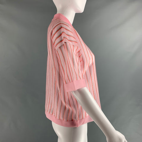 SANDRO Size M Pink Red & Silver Polyester Blend Stripe Cropped Polo Shirt