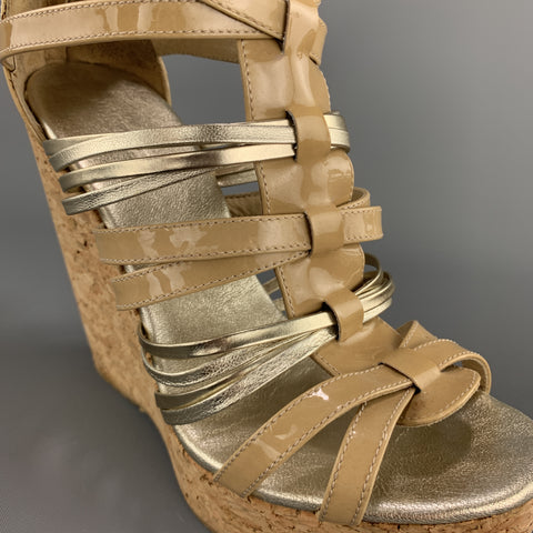 JIMMY CHOO Size 7 Beige & Silver Patent Leather Cork Wedge Platform Sandals