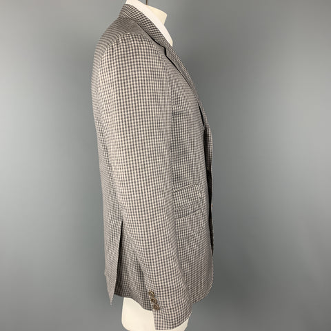 BRUNELLO CUCINELLI Gray Gingham Wool / Linen / Silk Blend Notch Lapel Sport Coat