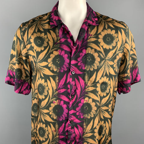 DRIES VAN NOTEN Size L Black & Gold Floral Viscose Camp Short Sleeve Shirt