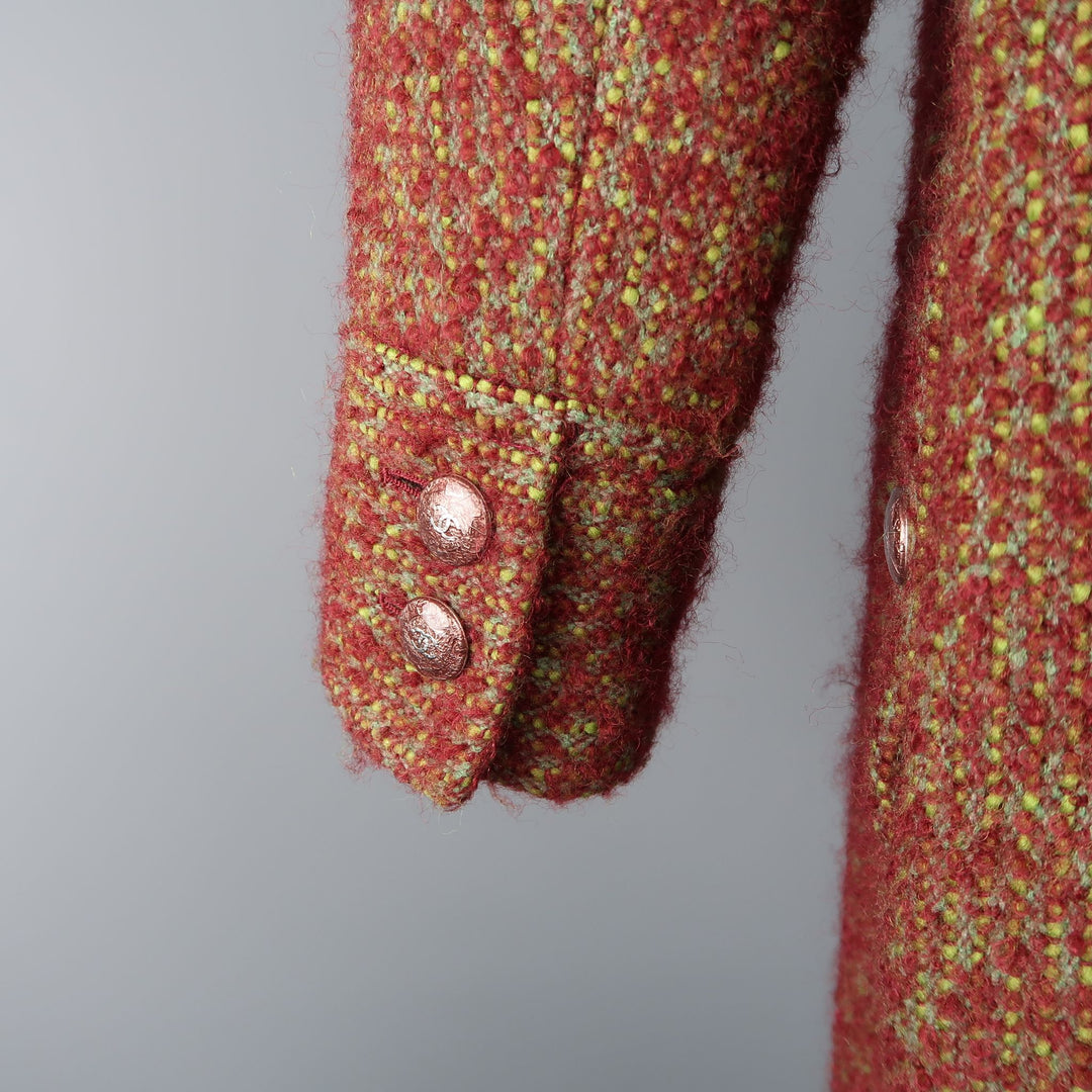 CHANEL Spring 2014 Size 14 Burgundy & Green Textured Boucle High Collar Coat