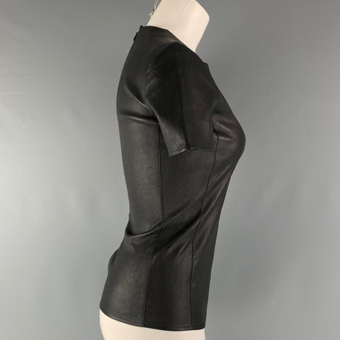 CELINE Size 4 Black Lamb Skin Short Sleeve Casual Top