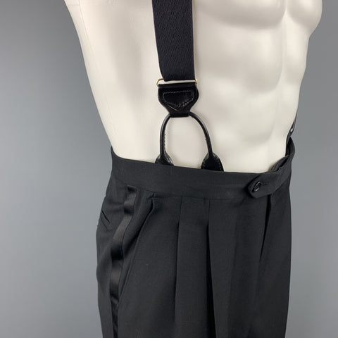 Vintage Size 33 Black Wool Pleated Tuxedo Stripe Braces Trousers