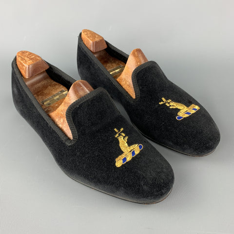 CUSTOM MADE Size 8 Black Embroidery Velvet Slippers Loafers