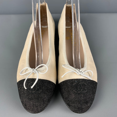 CHANEL Talla 5.5 Bailarinas de mezclilla negra crema